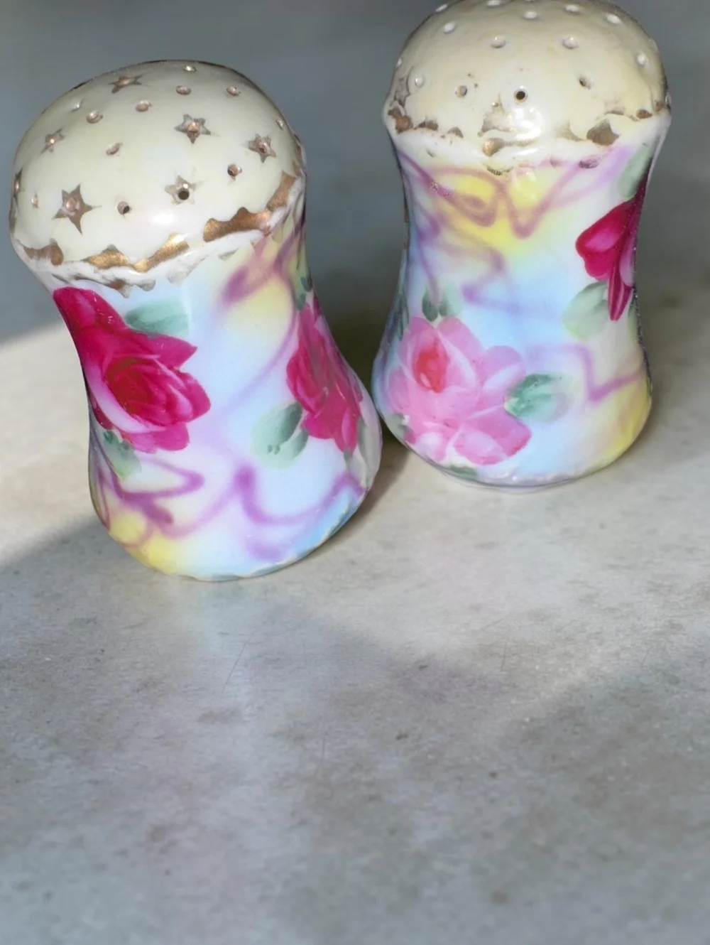Vintage Porcelain Salt Pepper Shakers Hand Painted Roses Gold Gilt Cork Pair